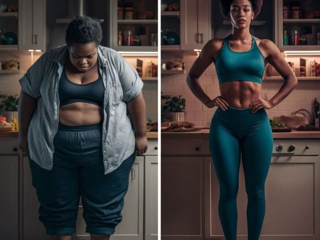 A before-and-after image illustrating the positive effects of balanced macronutrient intake on body composition and overall health.