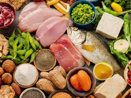 A collage of various protein-rich foods, including both animal and plant-based sources, highlighting their diversity.