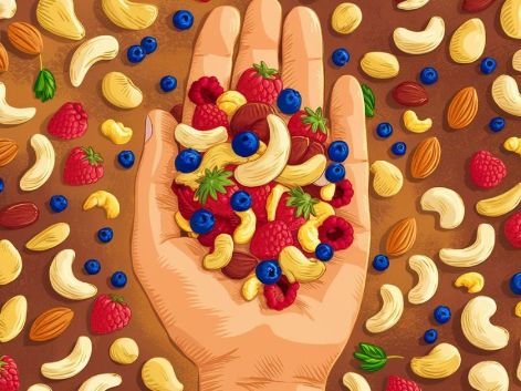 An image of someone holding nuts and fruits