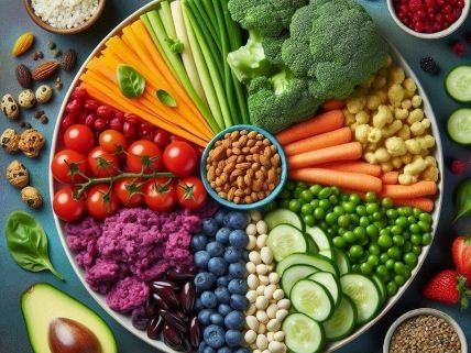 A plate filled with vegetables and fruits