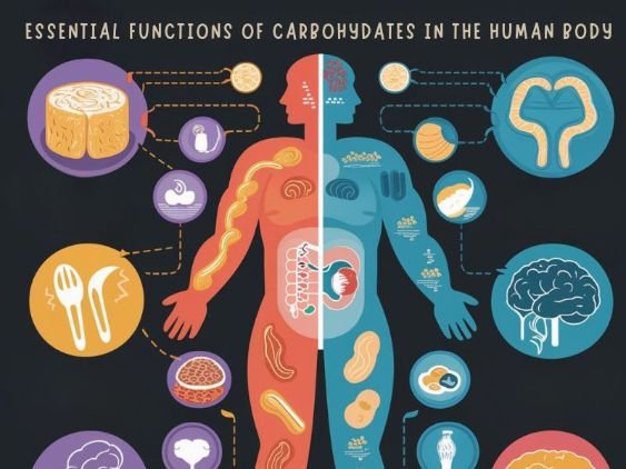 An infographic depicting the functions of carbohydrates in the body, such as energy production, brain function, and fiber support.
