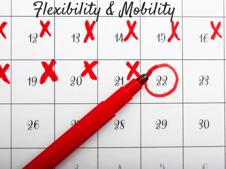 A calendar with flexibility and mobility sessions marked on different days