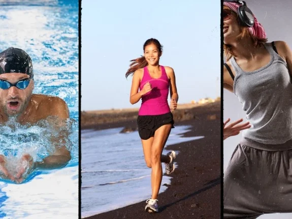 A collage showcasing different types of cardio workouts – running, swimming, cycling, dancing, etc.