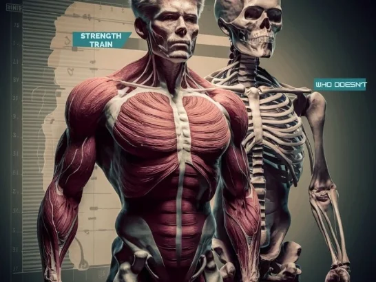 A diagram comparing the muscle mass of a person who strength trains vs. someone who doesn't