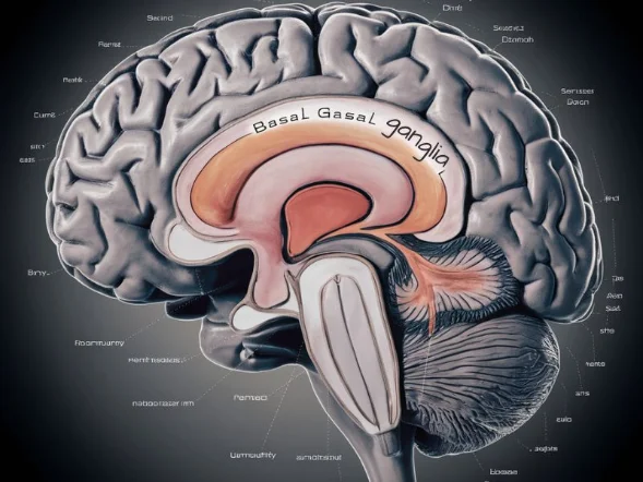 A diagram of the brain highlighting the basal ganglia