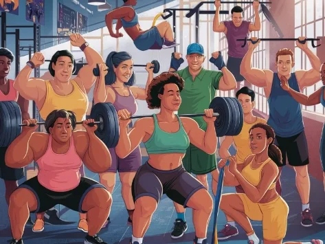A diverse group of people doing various strength training exercises (e.g., lifting weights, using resistance bands, bodyweight exercises