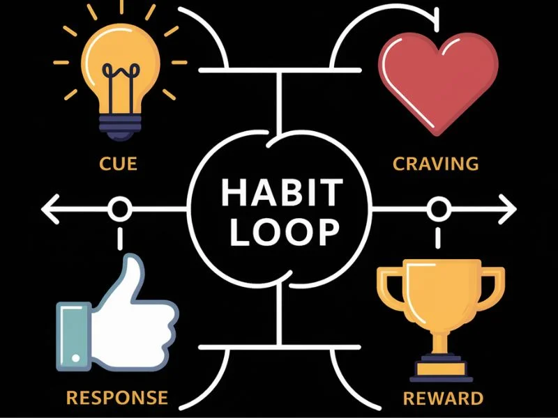 A flowchart illustrating the habit loop with icons for cue, craving, response, and reward