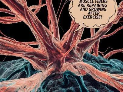 A microscopic view of muscle fibers repairing and growing after exercise