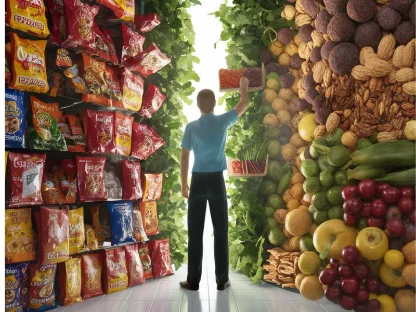 A person consciously choosing a healthy snack over a less healthy option, symbolizing breaking the habit loop