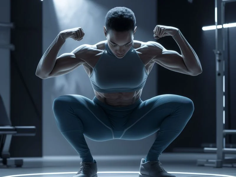 A person demonstrating a deep squat with perfect form, showcasing flexibility and mobility