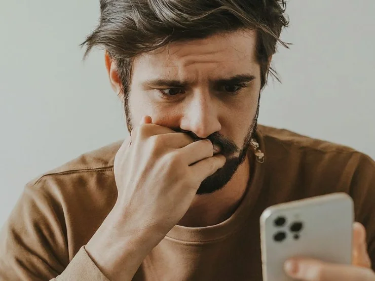A person frustratedly trying to break a bad habit, like nail-biting or scrolling on their phone