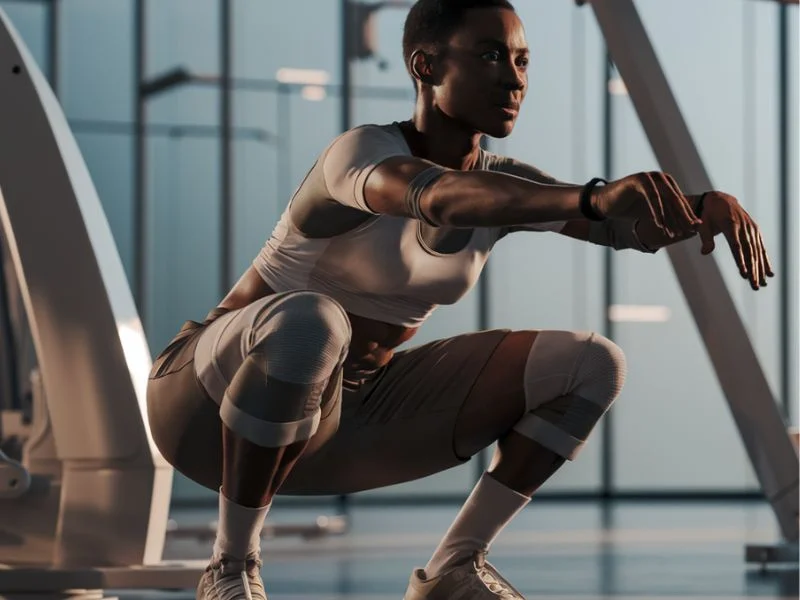 A person performing a squat with excellent mobility, demonstrating deep hip and ankle flexion