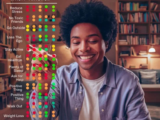 A person smiling while checking off items on a habit tracker