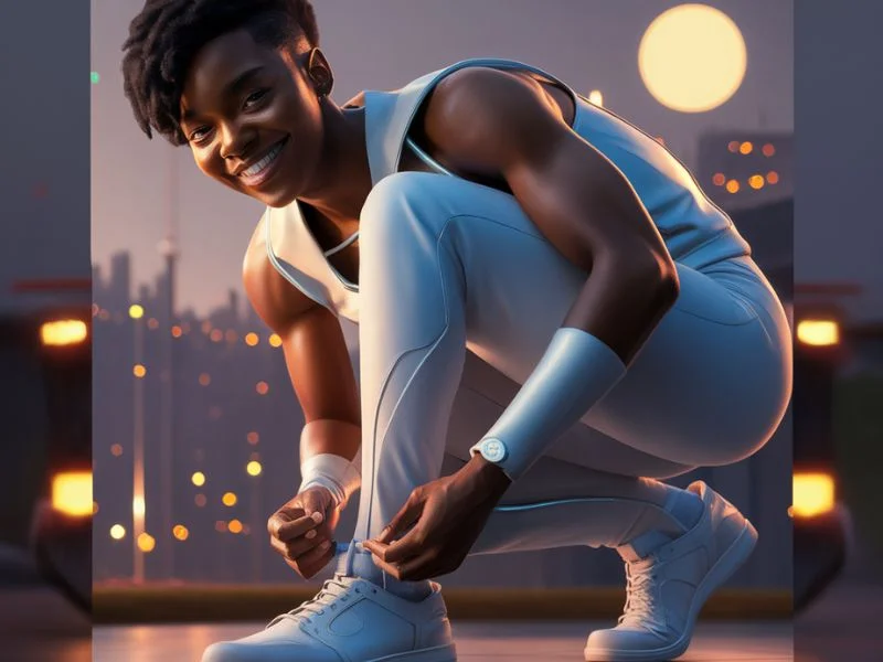 A photo of a person smiling while easily bending down to tie their shoes