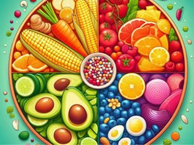 A plate of vegetables and fruits