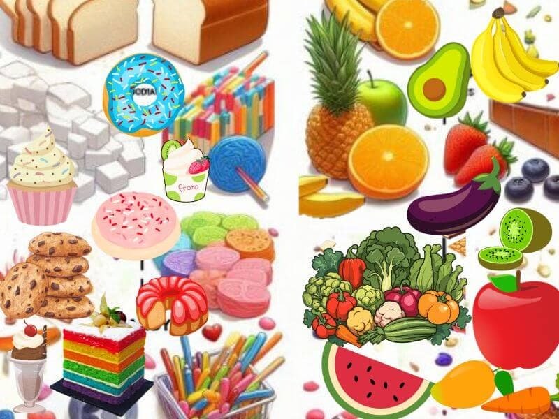 A visual comparison of simple vs. complex carbohydrates, using examples like white bread vs. whole-wheat bread or candy vs. fruit.