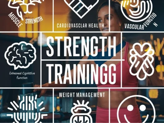 An infographic highlighting the various benefits of strength training, with icons representing each benefit