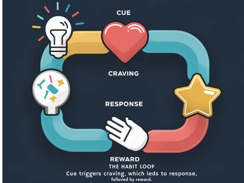An infographic illustrating the habit loop: cue, craving, response, reward