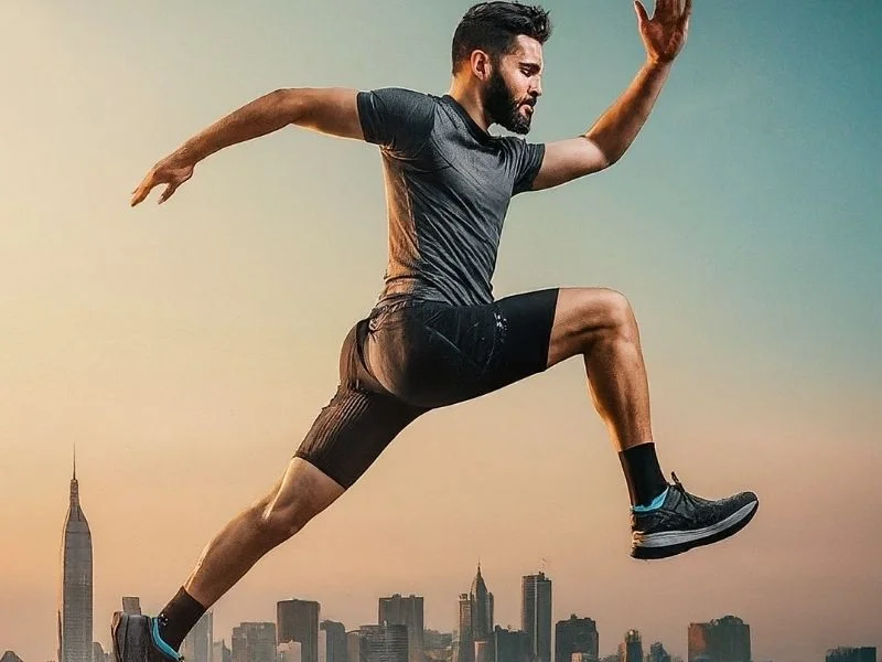 Energetic person running outdoors, with a cityscape or nature scene in the background.
