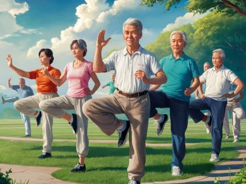 Older adults performing balance exercises like single-leg stands or tai chi