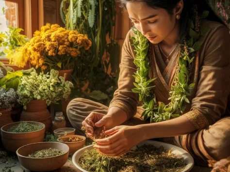 A beautiful lady preparing herbal medicine or remedies
