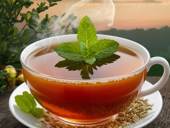 A bowl of ginger tea with a sprig of peppermint and fennel seeds