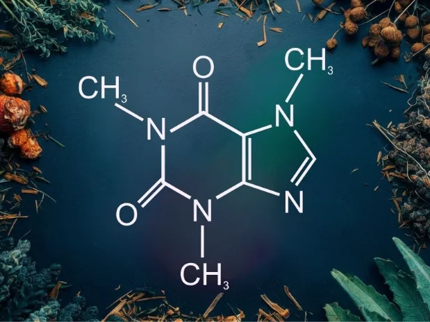 A chemical diagram of common herbal compounds, such as flavonoids or alkaloids