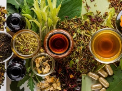 A close-up of various herbs and herbal products like teas, tinctures, and capsules