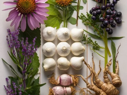 A collection of echinacea, elderberry, garlic, and astragalus arranged in a visually appealing way