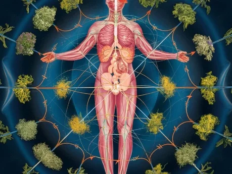 A diagram representing the interconnectedness of the body's systems, with herbs acting as balancing agents