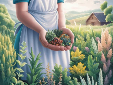 A person holding a handful of herbs or standing in a field of medicinal plants
