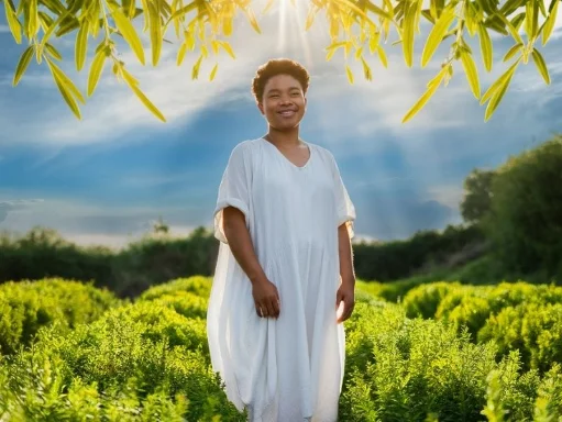 A person standing in a lush field of herbs, with sunlight filtering through the leaves