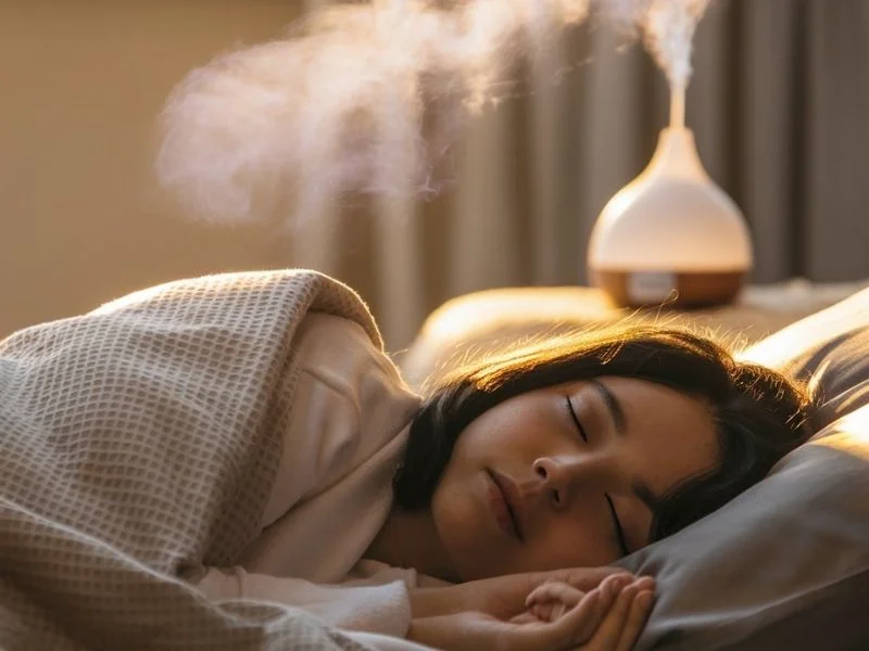 A photo of a person peacefully asleep in bed, with a diffuser emitting lavender essential oil in the background