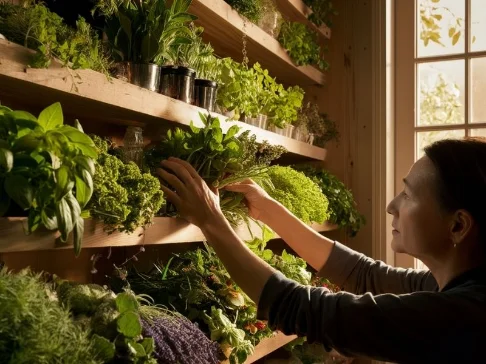 A photo of a person selecting herbs from a shelf or garden, showcasing the variety and abundance of options