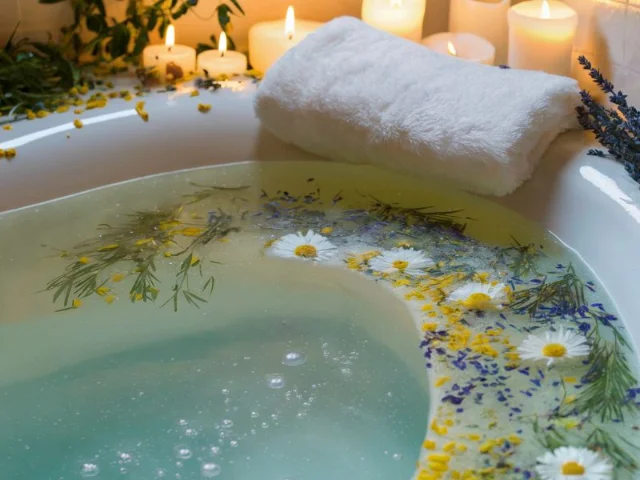 A calming image of a warm bath filled with soothing herbs like chamomile and lavender