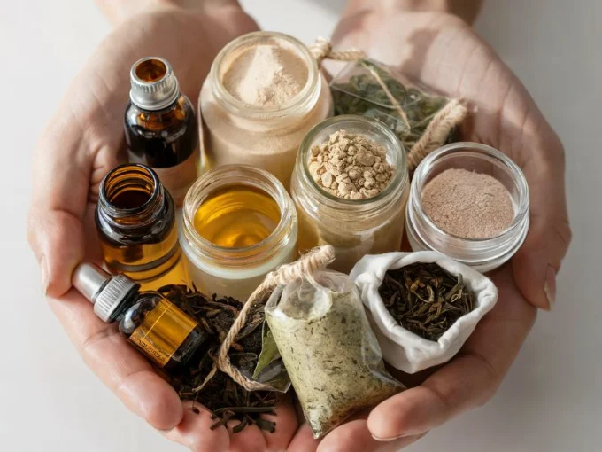 A clean and minimalistic photo of a person holding a diverse array of adaptogen products