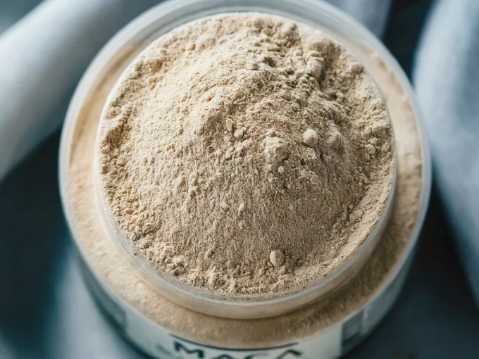 A close-up, high-resolution photo of Maca powder