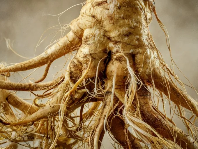 A close-up, high-resolution photo of a ginseng root, showcasing its unique and complex structure