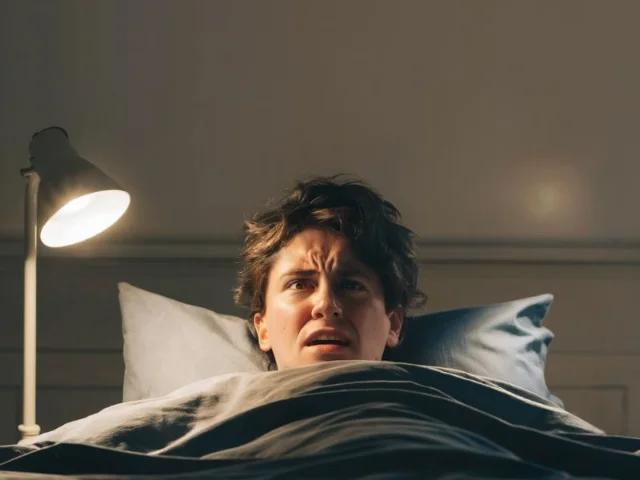 A image of a person lying awake in bed, their face illuminated by the soft glow of a bedside lamp