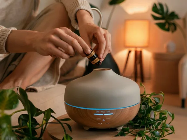 A person adding essential oils to a sleek, modern diffuser