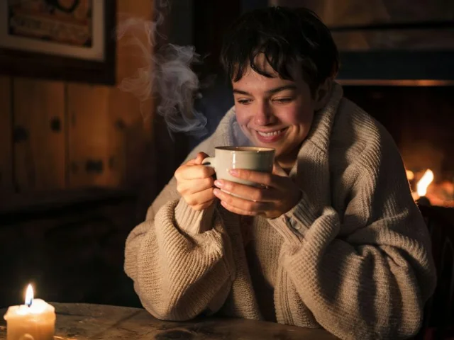 A person sitting in a cozy, rustic setting, enjoying a steaming cup of herbal tea