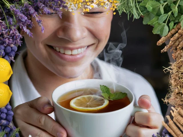 A person smiling contentedly while holding a steaming cup of herbal tea