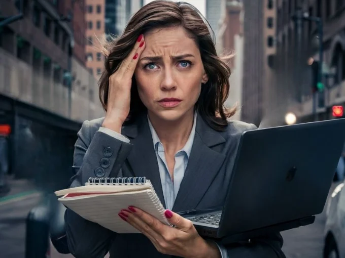 A poignant portrait of a woman in her 30s, looking stressed and overwhelmed as she juggles multiple tasks