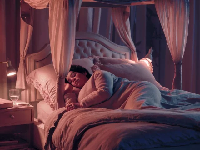A serene photograph of a person sleeping peacefully in a luxurious, canopy bed