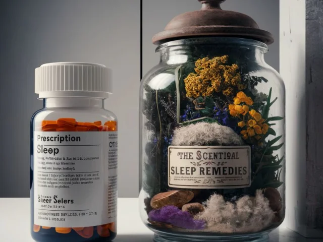 A side-by-side comparison of a bottle of prescription sleep medication and natural sleep remedies