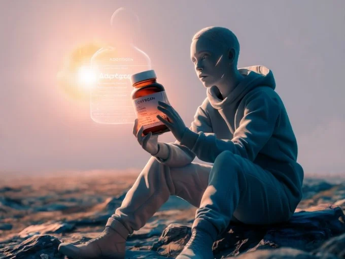 A striking 3D render illustration of a person sitting on a rocky terrain, reading the label of an adaptogen supplement bottle