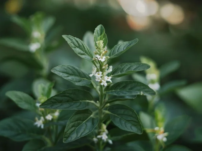 A stunning, close-up photo of a Holy Basil (Tulsi) plant, with its green, delicate leaves and small, white flowers