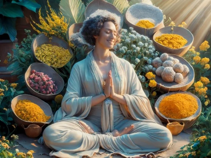 A tranquil scene of a beautifully dressed individual, exuding serenity as they meditate or practice yoga, surrounded by an array of vibrant adaptogenic herbs