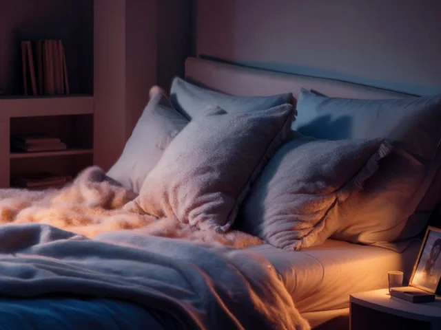 A warm scene of a cozy bedroom, bathed in a soft dim light