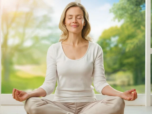 A woman in a peaceful setting, practicing deep breathing meditation